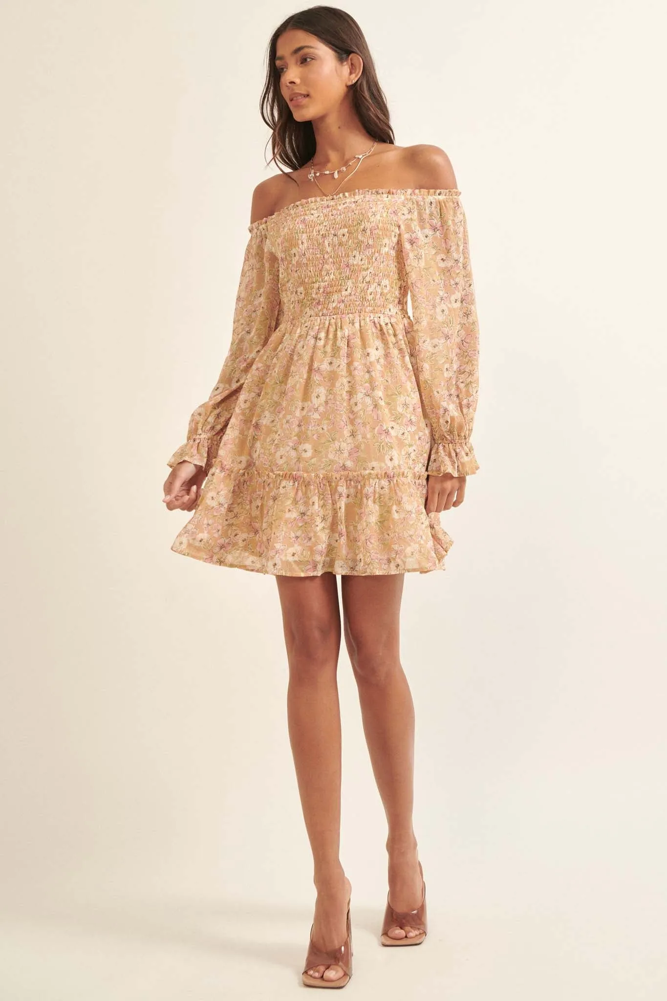 Floral Flourish Chiffon Off-Shoulder Mini Dress